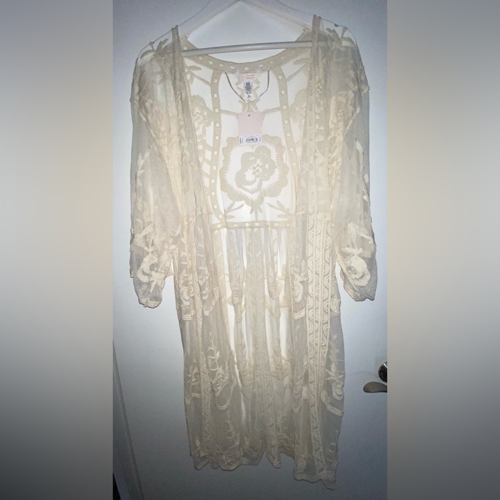 NWT Lauren Conrad Ivory Sheer Lace Duster Kimono Bohemian Romantic Robe OS NEW